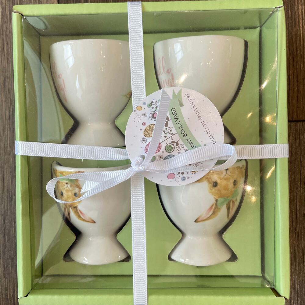 Bunny Boulevard Fine Porcelain Egg Cups Set of 4 Spring Easter Bunny Decor NIB